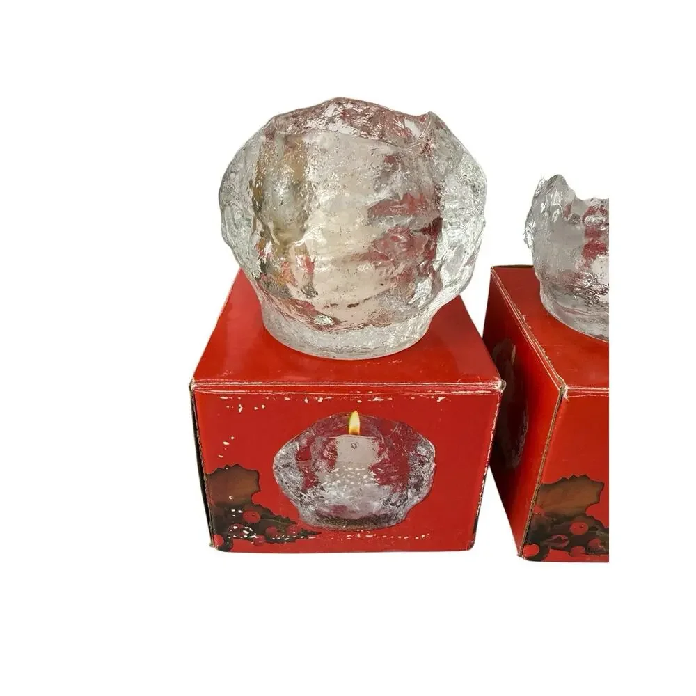 Vintage Ice Cube Snowball Glass Candle Holders Set of 3 Made in Taiwan w/ Boxes